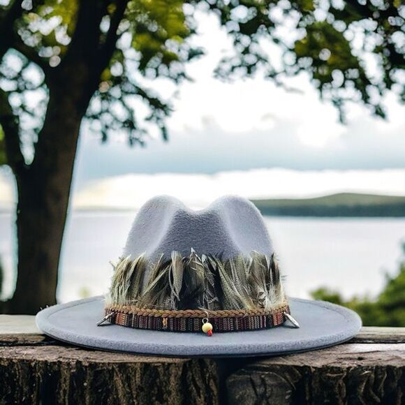 Feathers Tribal Leather Wide Brim Western Gray Fedora Hat NEW